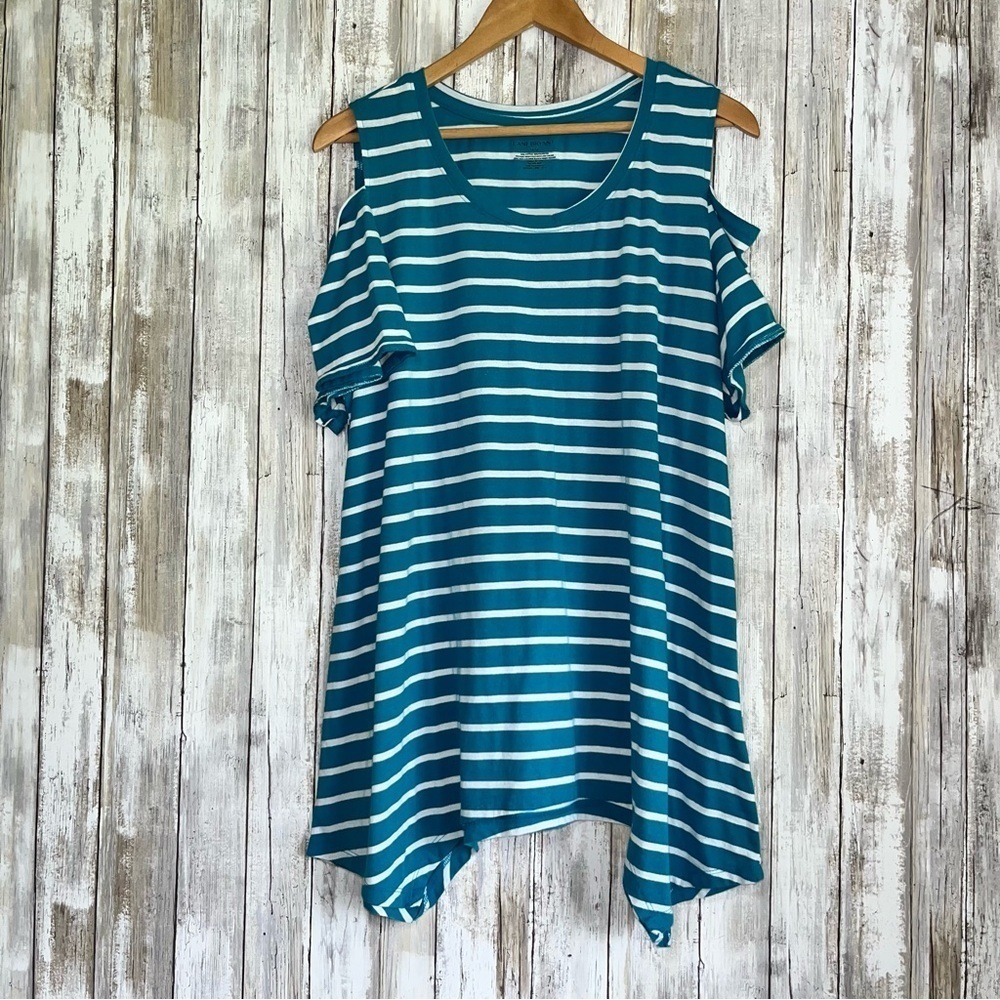 Lane Bryant Blue Stripe Open Shoulder Blouse - Picture 1 of 6